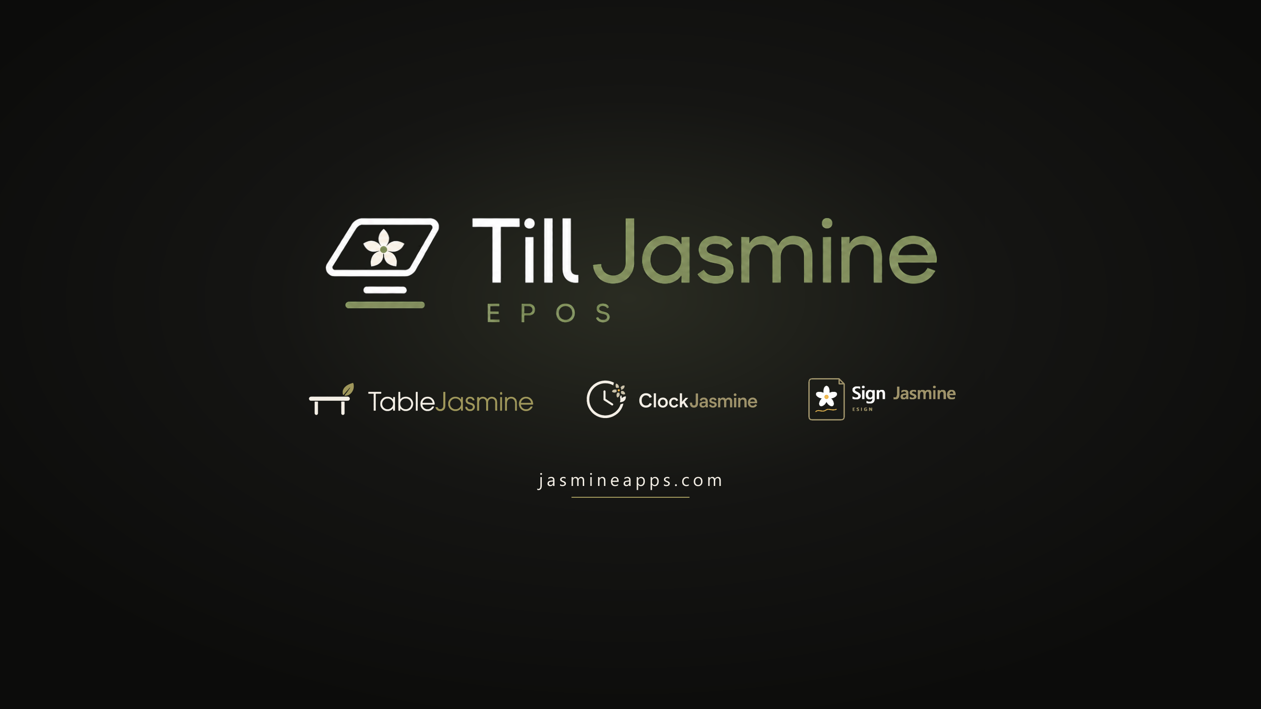 Dark desktop background with the Table Jasmine, Clock Jasmine, Till Jasmine, and Sign Jasmine logos and jasmineapps.com